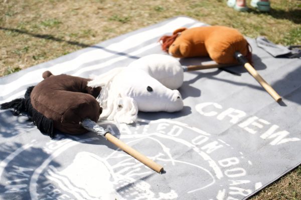 3 Stoffsteckenpferde auf einer Decke