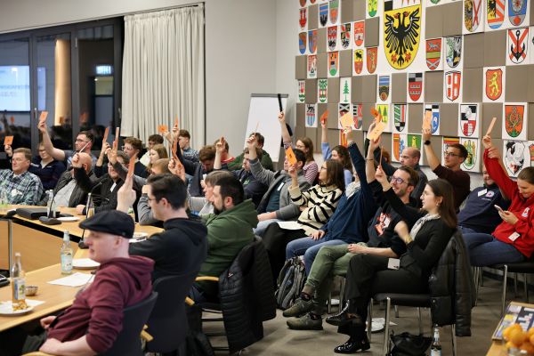circa 45 Personen halten Stimmkarten in die Luft