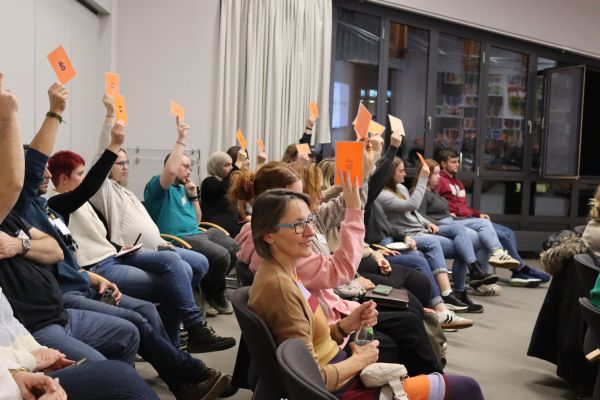 20 Personen heben ihre Stimmkarten hoch